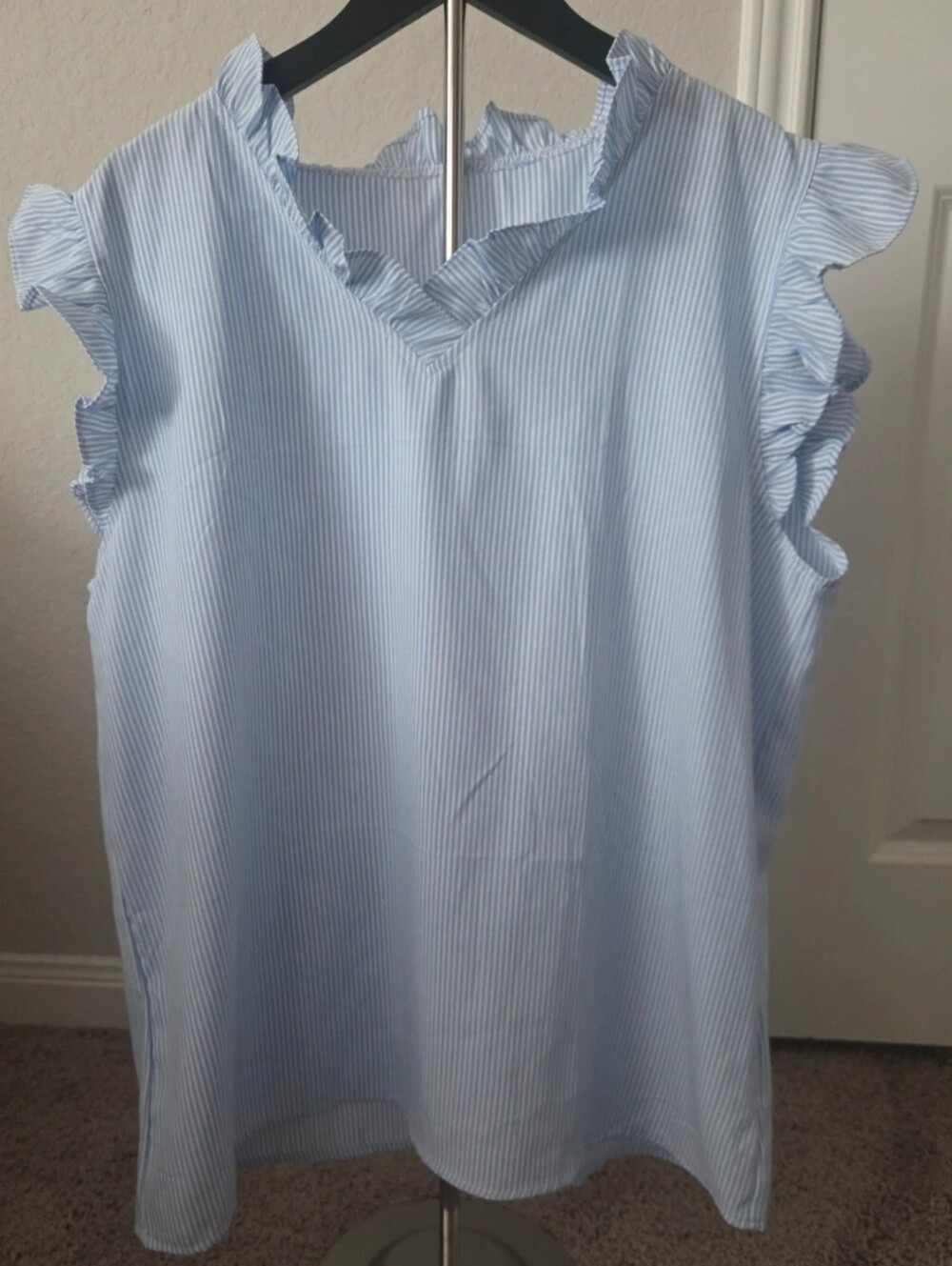Light Blue Striped Ruffle Sleeve Women's Top